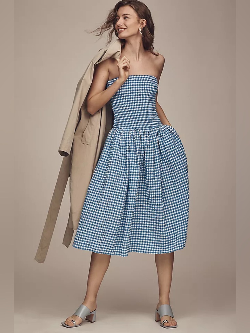 Anthropologie Maeve Strapless Smocked Midi Dress Blue White Gingham X-Small